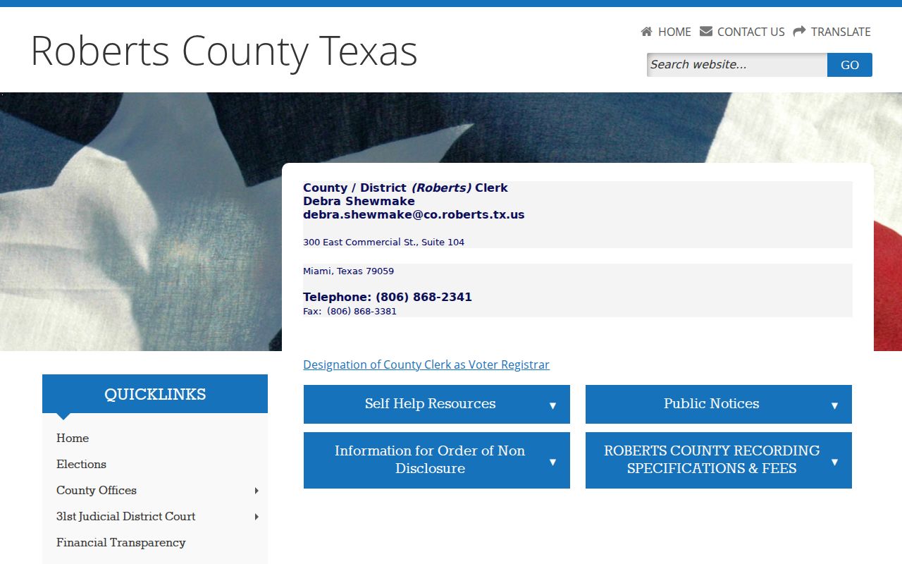 Roberts County court docket clerk contact page